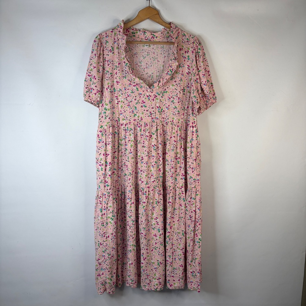 Crown & Ivy Dress Women PXL Pink Floral Tiered Ruffle V-Neck Midi Pockets